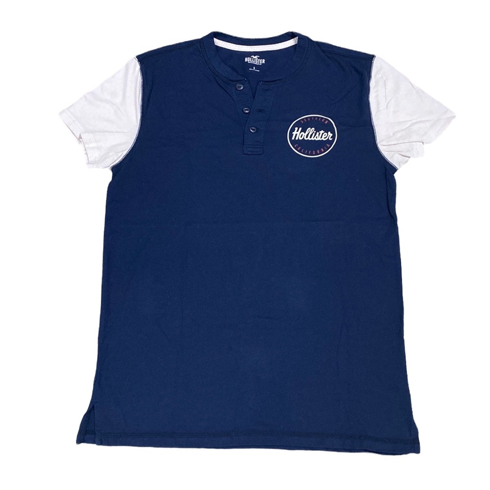 Hollister Henley Short Sleeve Tee Shirt, Blue and White